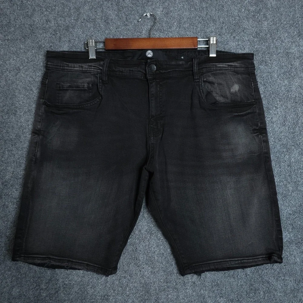 Jordan Craig Jean Shorts Mens 40 Black Bermuda Faded Denim Frayed Jorts Hip Hop